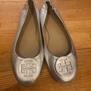 Tory Burch Patent Leather Silver Ballet Flats